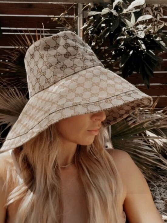 Beige Wide Brim Gucci Sun Hat GG Logo | Dust Bag Included | White Lotus Size M